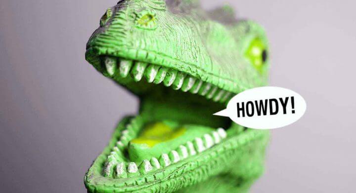 blog with head of bright green toy dinosaur with open mouth open